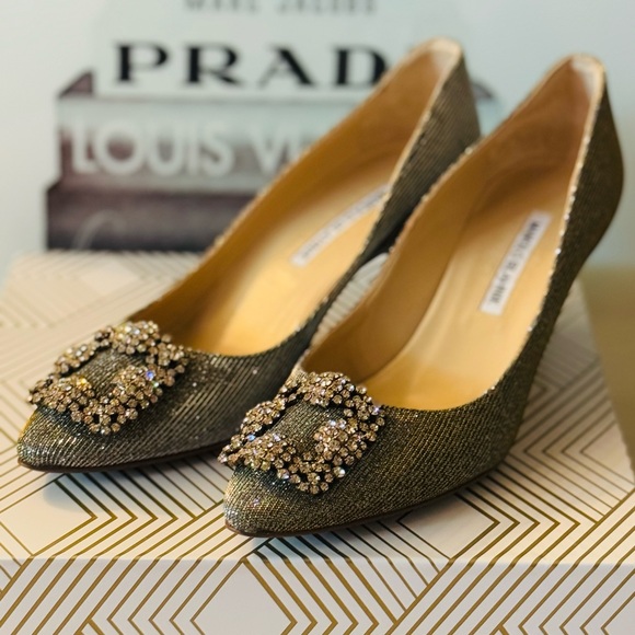 Manolo Blahnik 50 HANGISI  Metallic Crystal-Toe Pump, Gold/Silver~EU 36.5/US 6.5 - Picture 7 of 15